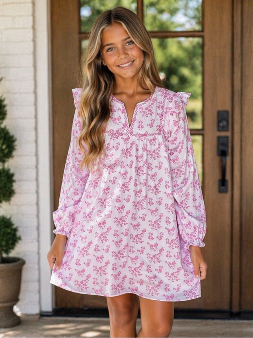 Girls' Pink Floral Ruffle-Shoulder Casual Dress